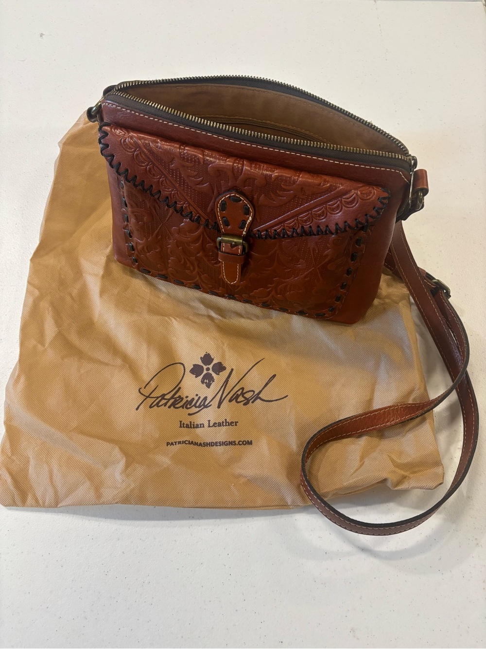 Patricia Nash Cognac Tooled Leather Crossbody with Buckle Detail